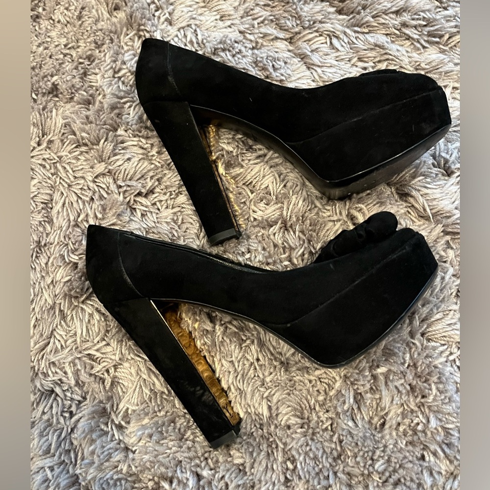 Louis Vuitton black suede open toed platform